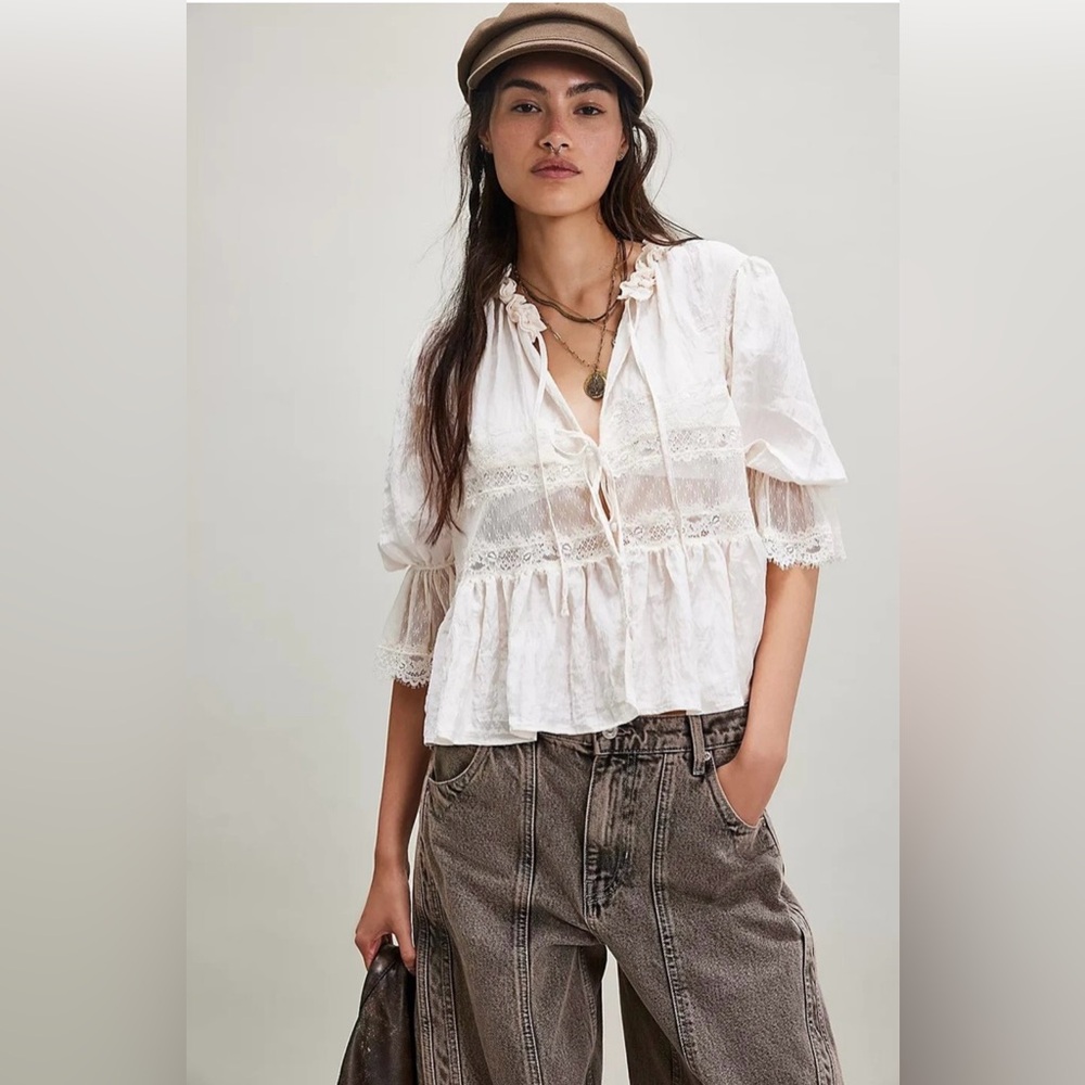 Free People Ivory Lace-Trim Peasant Blouse - Picture 2 of 10